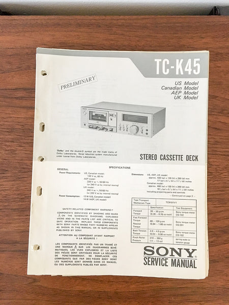 Sony TC-K45 Cassette PRELIMINARY Service Manual *Original*