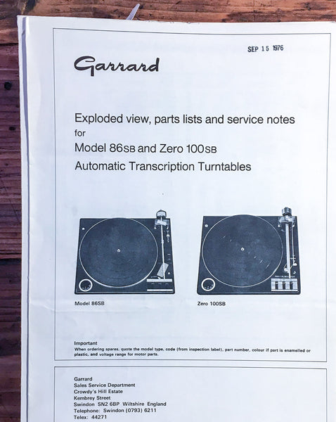 Garrard Model 86 SB Zero 100 SB Record Player  Service Manual *Original*