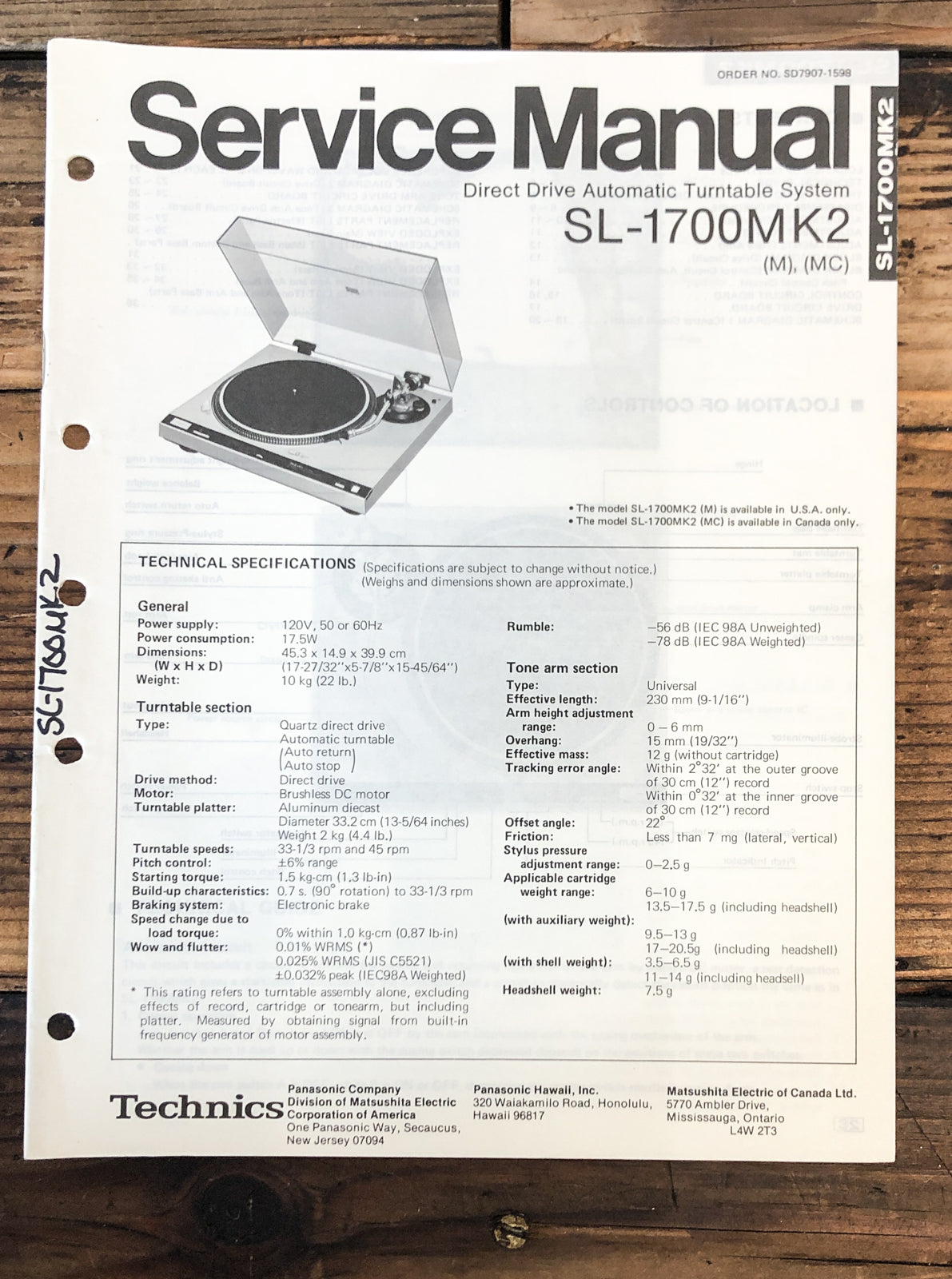Technics SL-1700 MK2 Record Player / Turntable  Service Manual *Original*