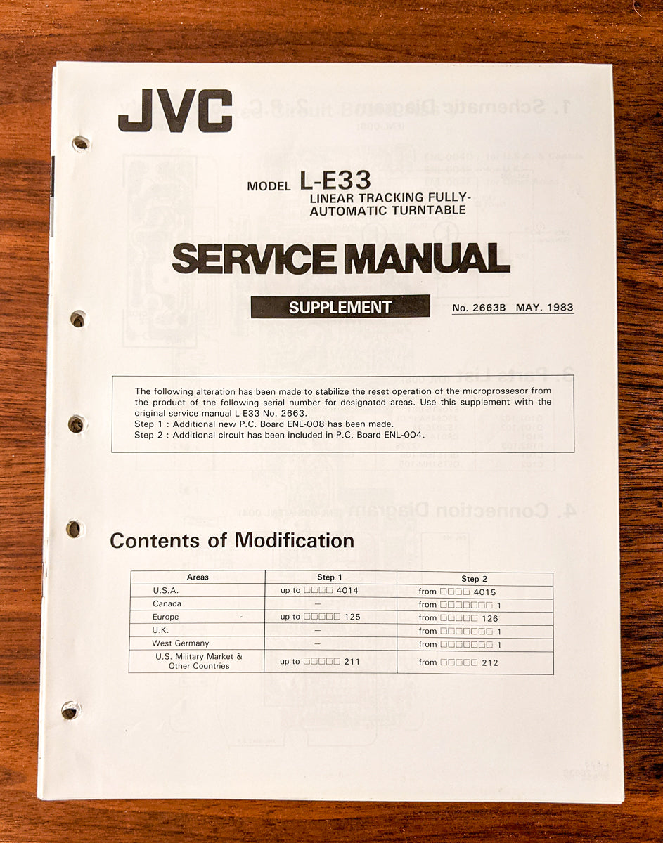 JVC L-E33 Record Player / Turntable Service Manual Supplement *Original*