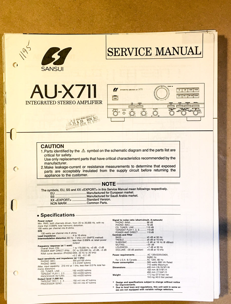 Sansui AU-X711 Amplifier Service Manual *Original*