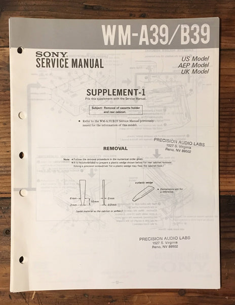 Sony WM-A39 WM-B39 Cassette Service Manual Supplement 1 *Original*