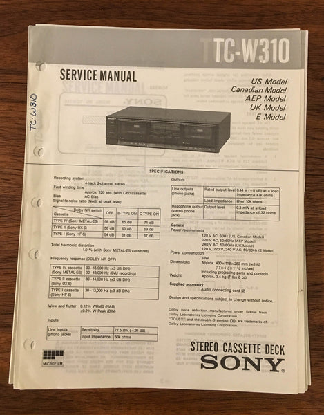 Sony TC-W310 CASSETTE Service Manual *Original*