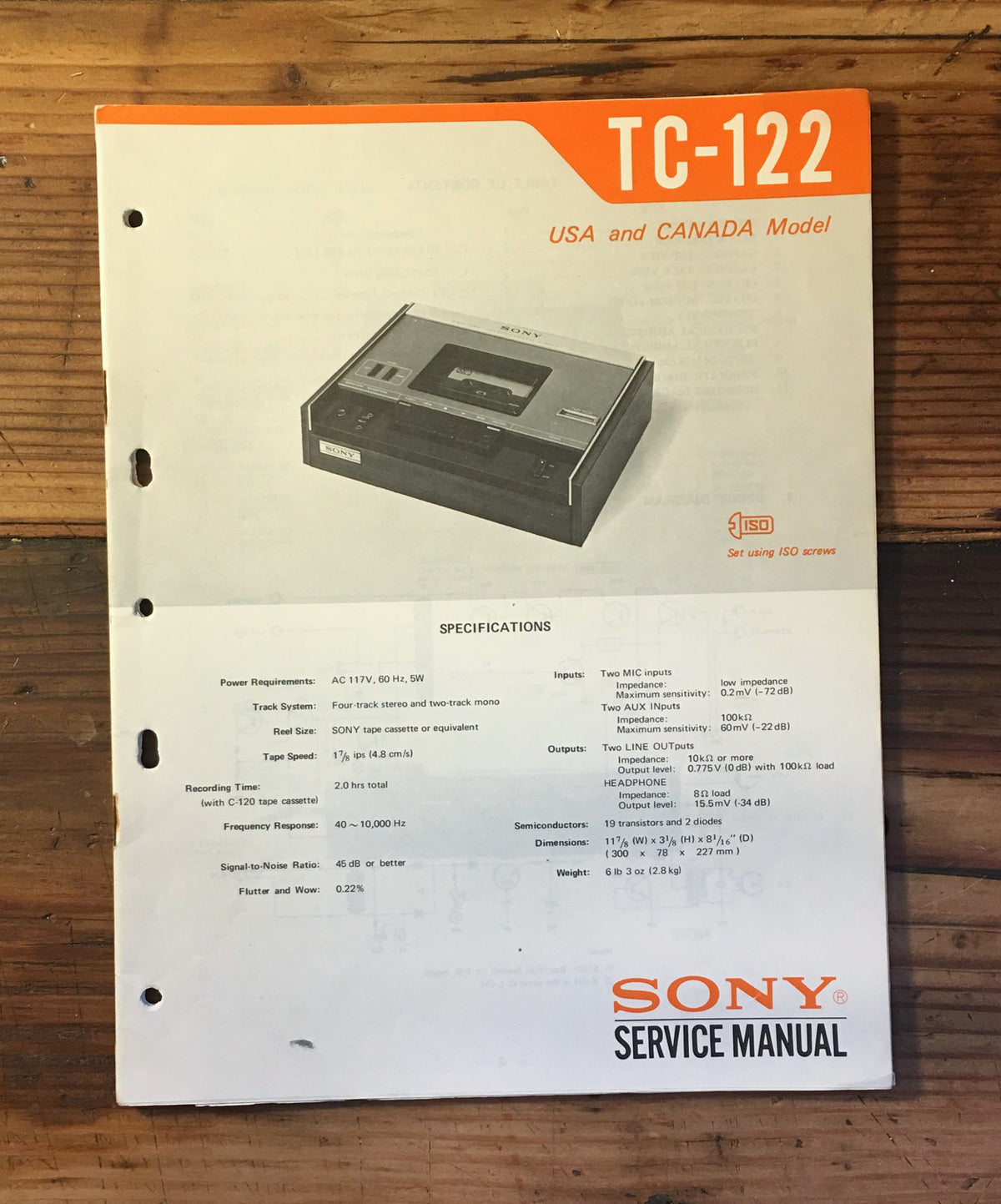 Sony TC-122 Tape Player Service Manual *Original*