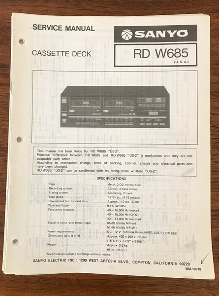 Sanyo RD W685 Cassette Deck Service Manual *Original*