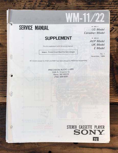 Sony WM-11 WM-22 Cassette Supp. Service Manual *Original*