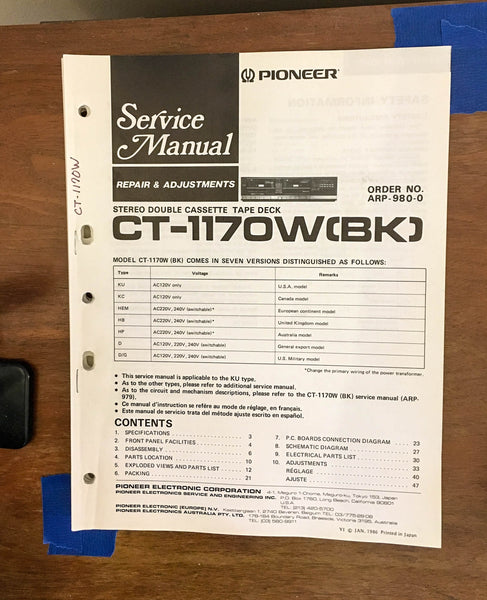 Pioneer CT-1170W Cassette  Service Manual *Original*