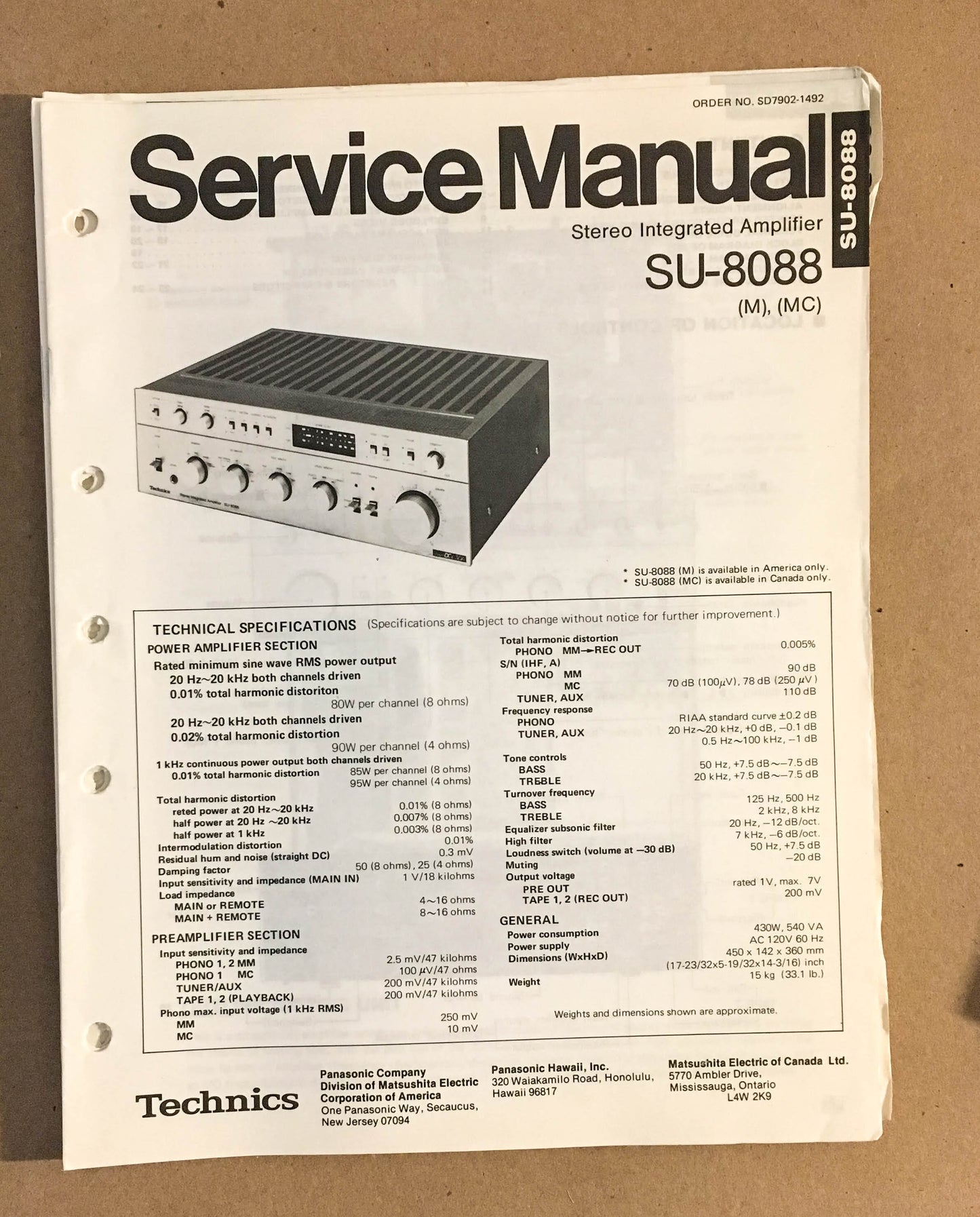 Technics / Panasonic SU-8088 Amplifier  Service Manual Supplement *Original*