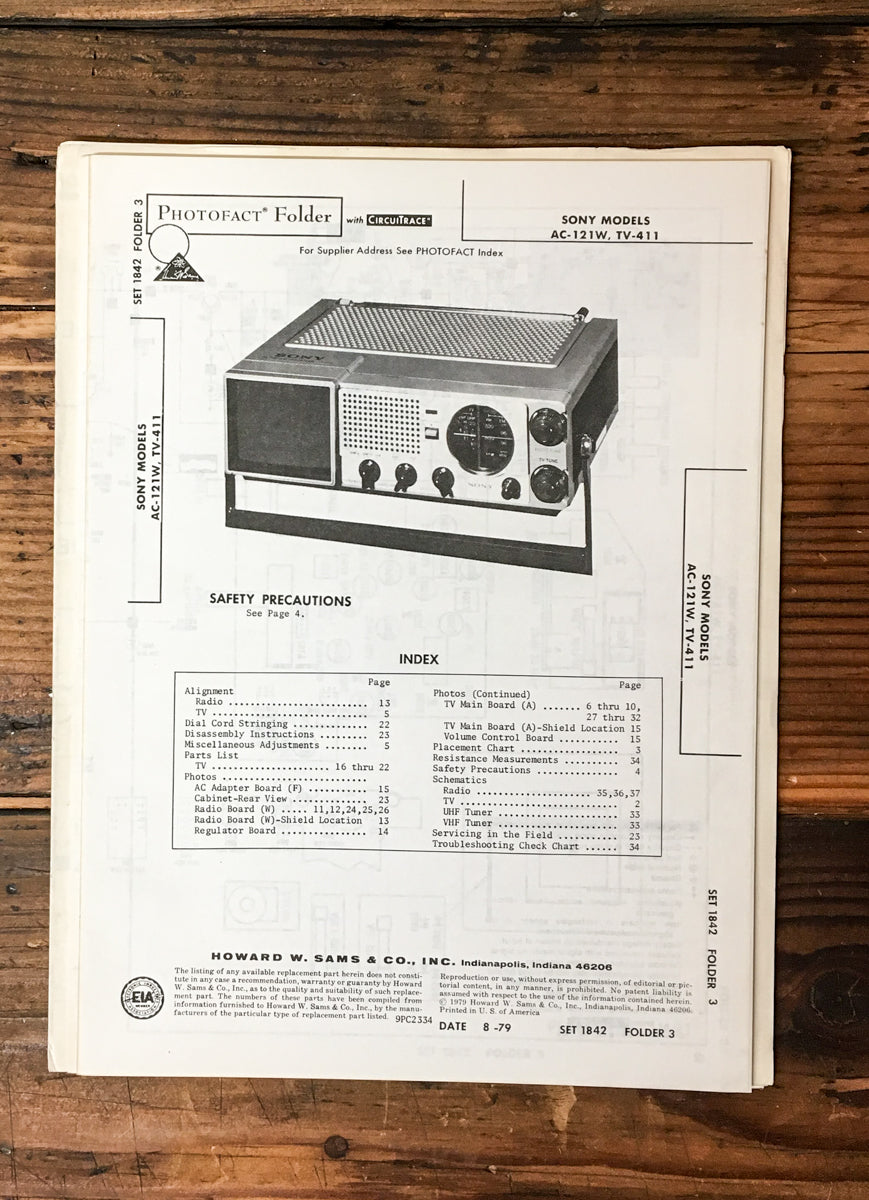 Sony AC-121W TV-411 Radio Sams Photofact Service Manual *Original*