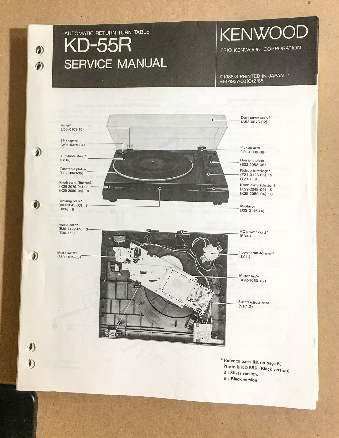 Kenwood KD-55R Turntable / Record Player  Service Manual *Original*
