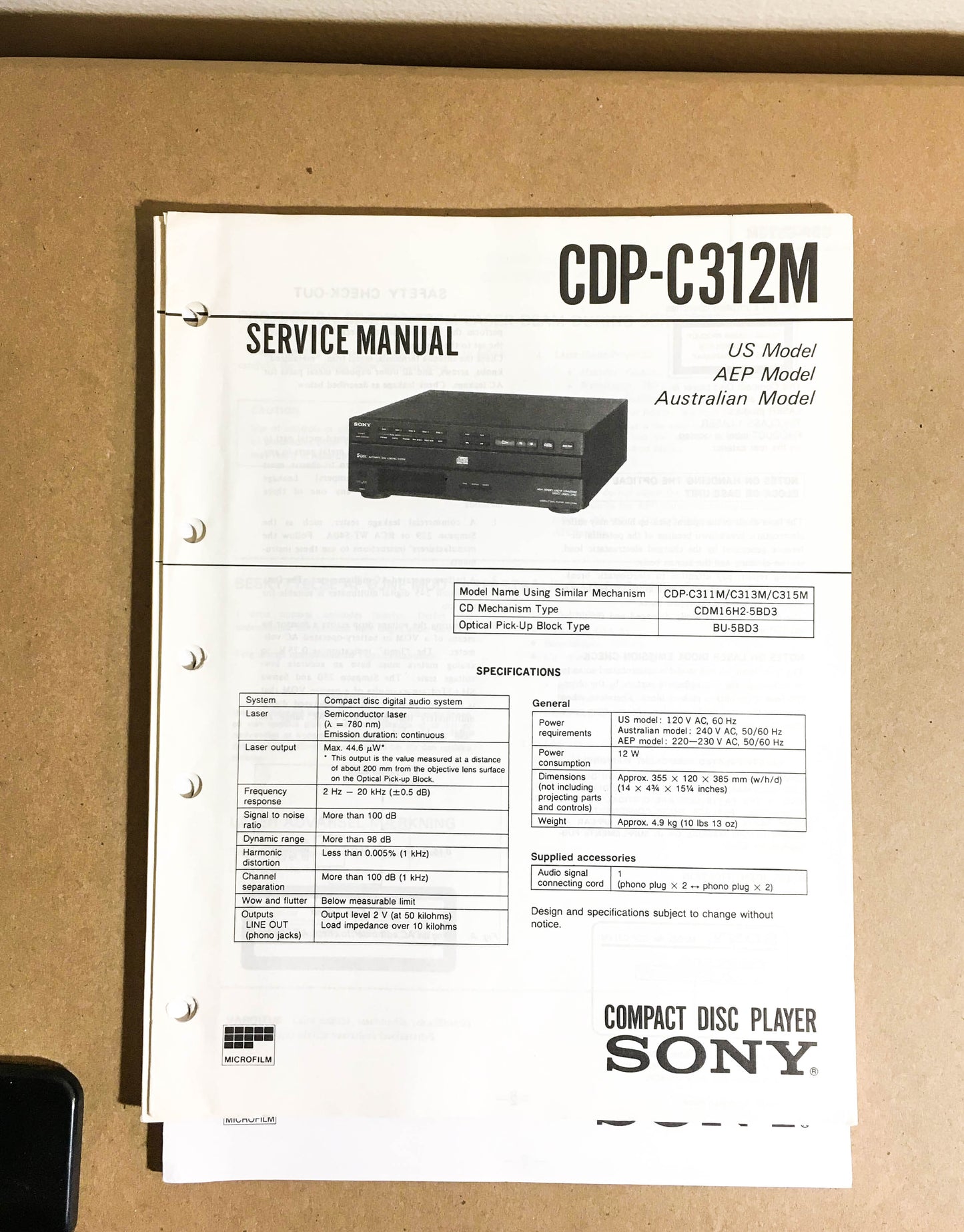 Sony CDP-C312M CD Player  Service Manual *Original*