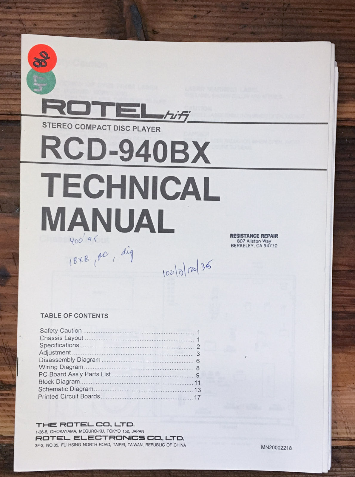 Rotel RCD-940BX CD Player  Service Manual *Original*