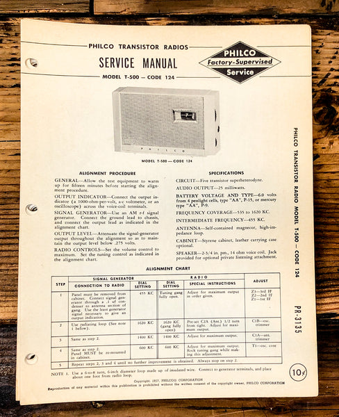 Philco Ford T-500 Code 124 Radio Service Manual *Original*