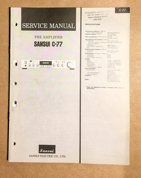 Sansui C-77 Pre Amplifier / Preamp Service Manual *Original*