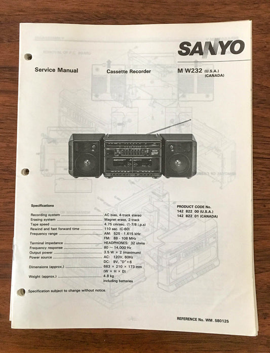 Sanyo M W232 Boombox / Radio Cassette Service Manual *Original*