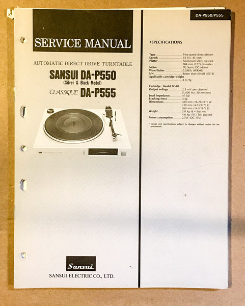 Sansui DA-P550 DA-P555 Record Player / Turntable Service Manual *Original*