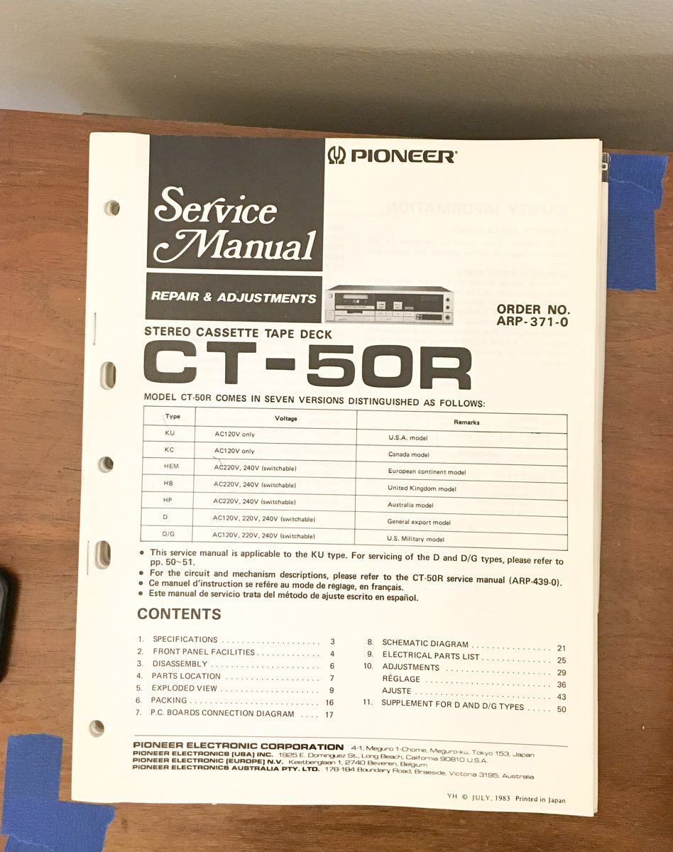 Pioneer CT-50R Cassette  Service Manual *Original* #2