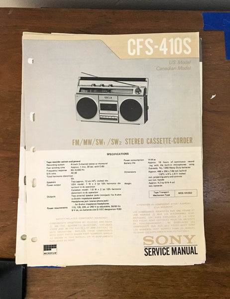 Sony CFS-410S Radio Cassette Recorder / Boombox Service Manual *Original*