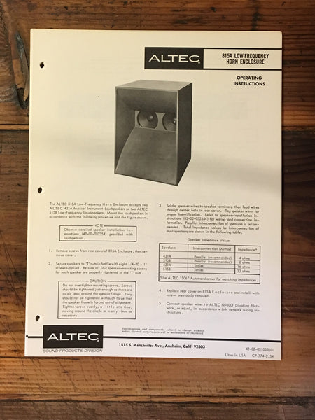 Altec 815A 815-A Speaker Owner / Operating Instructions *Original*