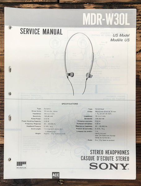 Sony MDR-W30L Headphones  Service Manual *Original*