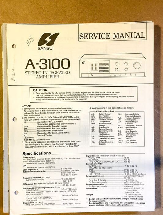 Sansui AU-3100 Amplifier Service Manual *Original*