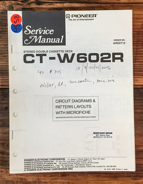 Pioneer CT-W602R Cassette Deck  Service Manual *Original*