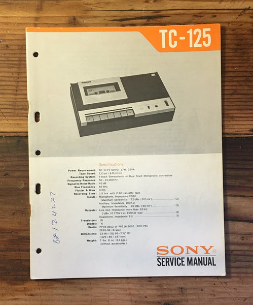 Sony TC-125 Tape Player Service Manual *Original*