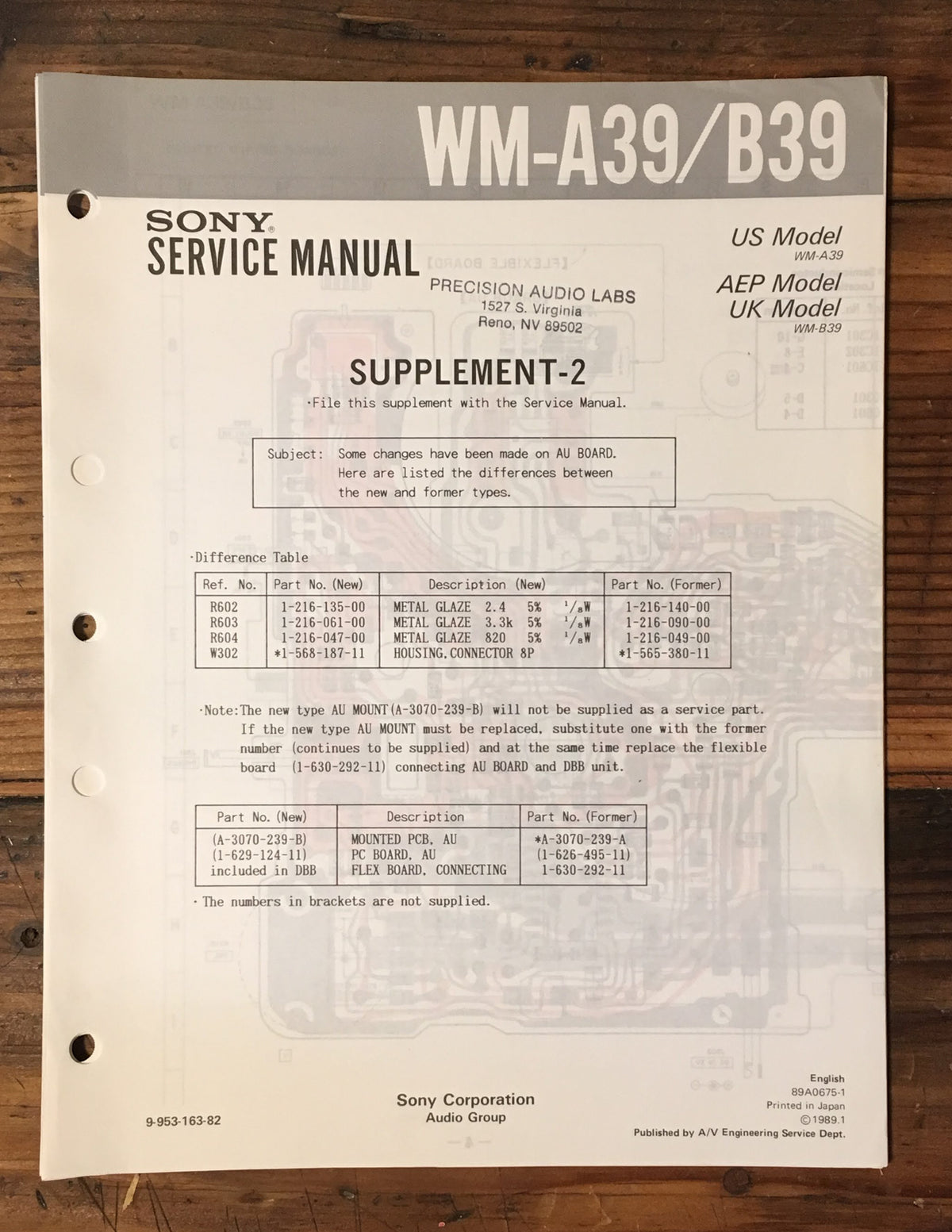 Sony WM-A39 WM-B39 Cassette Service Manual Supplement 2 *Original*