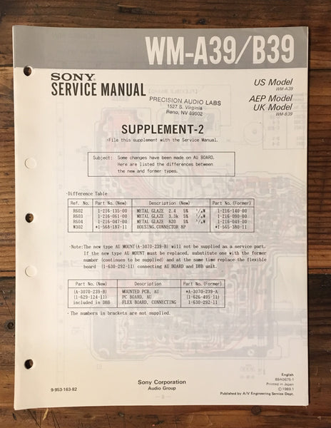 Sony WM-A39 WM-B39 Cassette Service Manual Supplement 2 *Original*