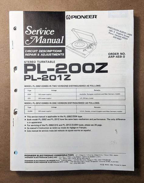 Pioneer PL-200Z PL-201Z Record Player / Turntable Service Manual *Original* #1