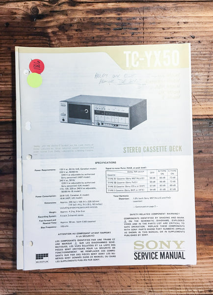 Sony TC-YX50 Cassette Deck  Service Manual *Original*