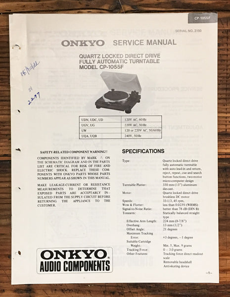 Onkyo CP-1055F Record Player / Turntable  Service Manual *Original*