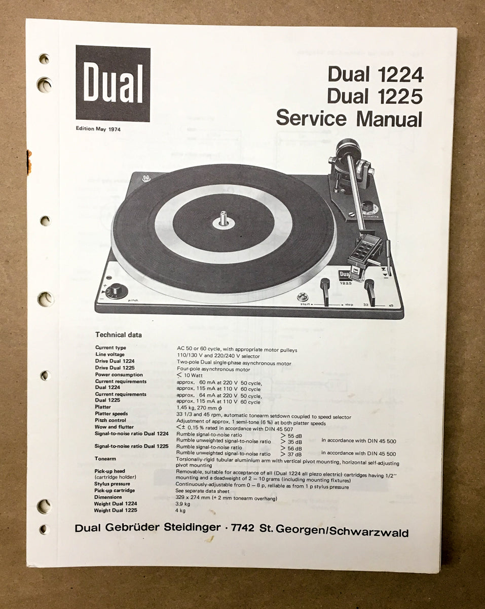 Dual Model 1224 1225 Turntable / Record Player  Service Manual *Original*
