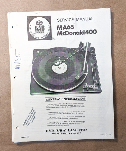 *Original* BSR MA-65 McDonald 400 Record Player Turntable Service Manual