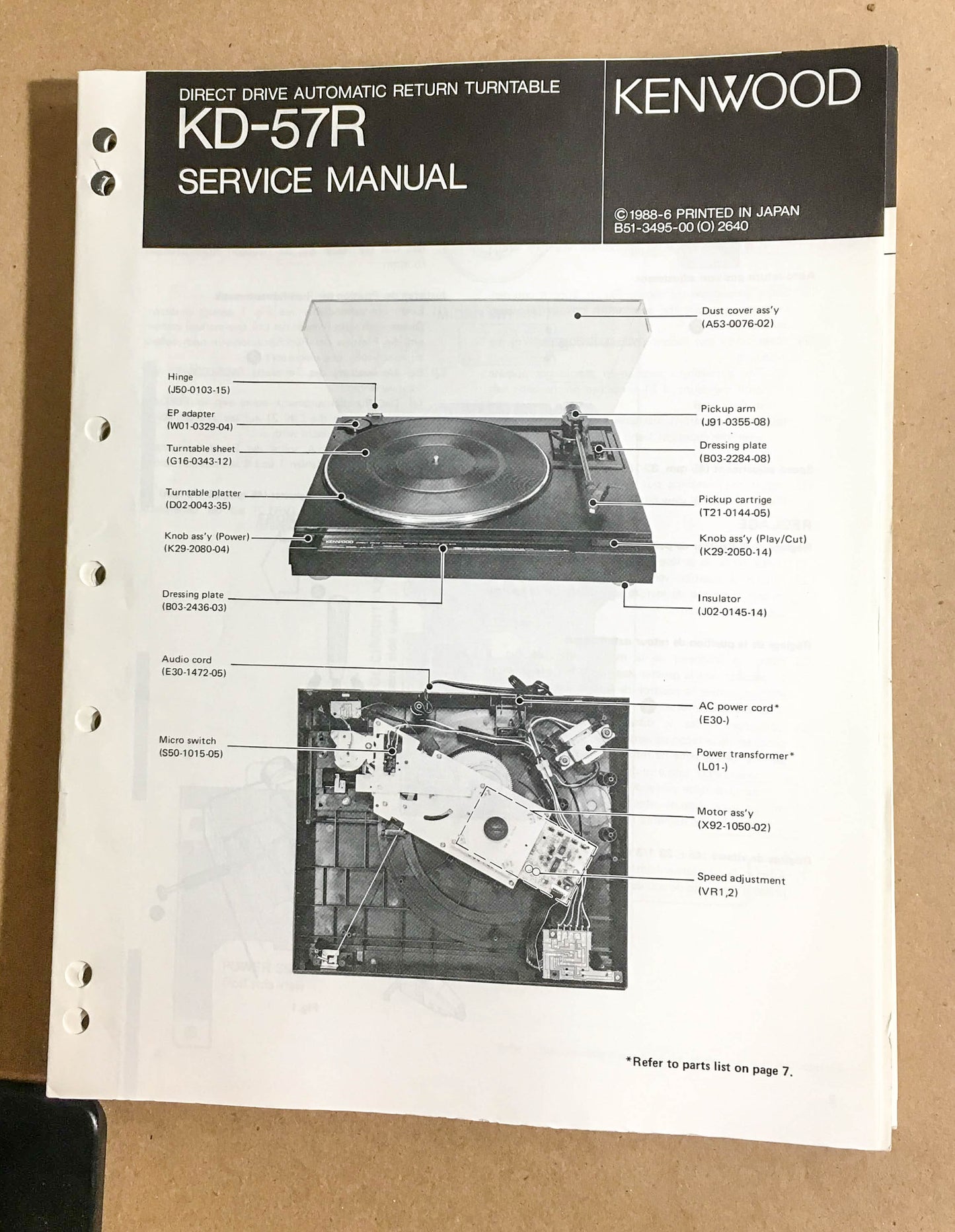 Kenwood KD-57R Turntable / Record Player  Service Manual *Original*