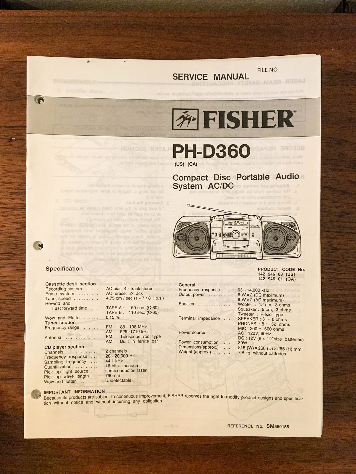 Fisher PH-D360 Boombox Radio Service Manual *Original*