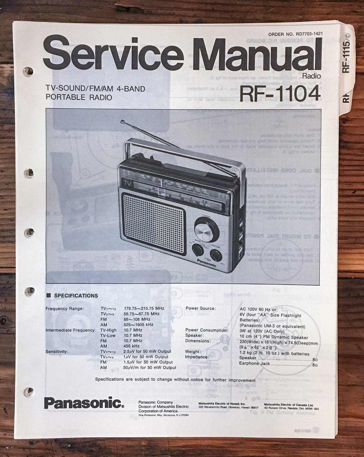 Panasonic RF-1104 Radio  Service Manual *Original*