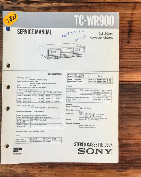 Sony TC-WR900 Cassette Deck  Service Manual *Original*