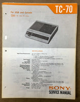 Sony TC-70 Cassette Tape Player Service Manual *Original*