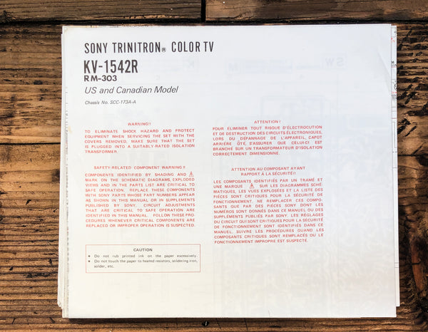Sony KV-1542R TV  Fold Out Schematic *Original*