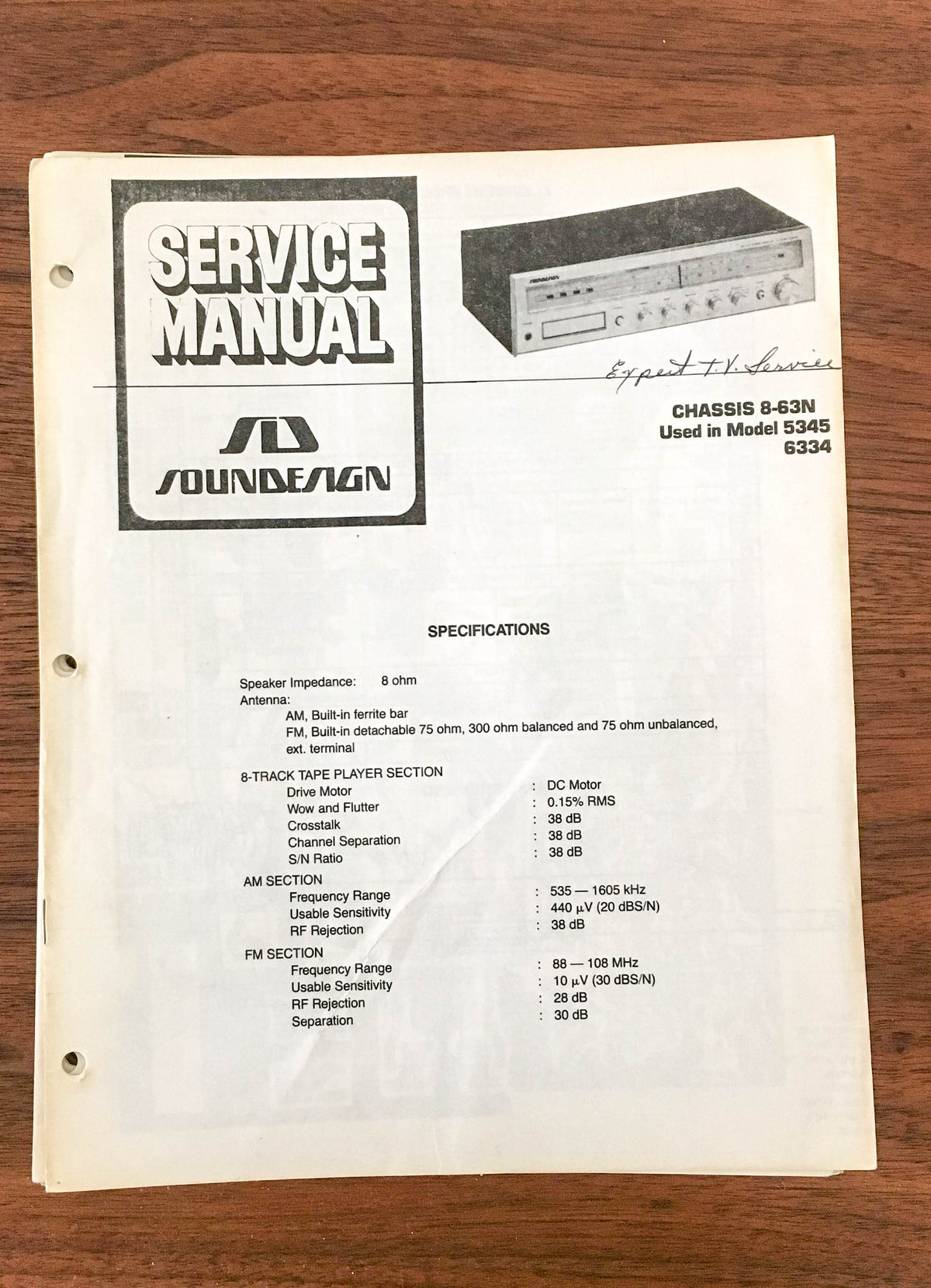 SoundDesign Sound Design Model 8-63N 5345 6334 Stereo Service Manual *Original*