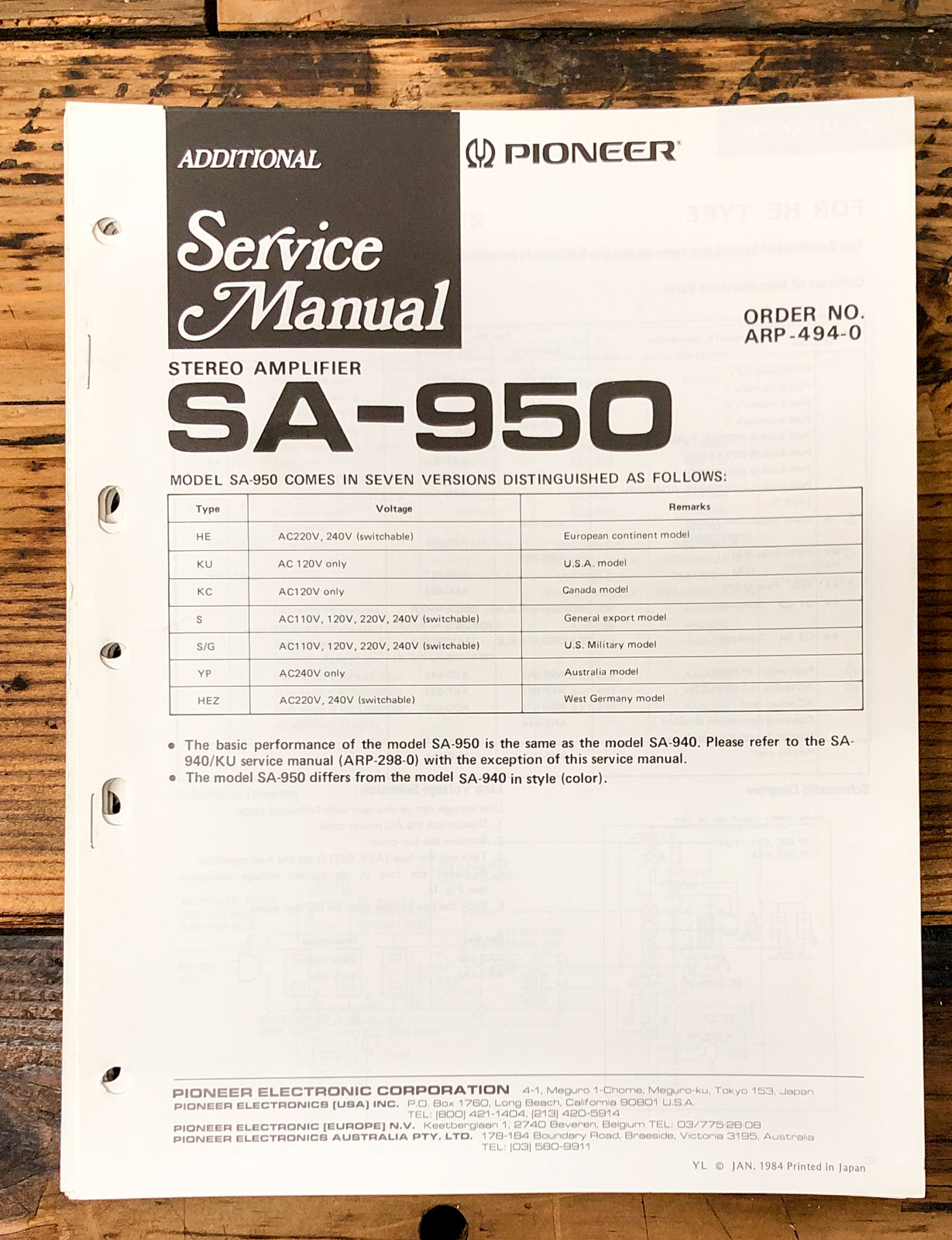 Pioneer SA-950 Amplifier Add. Service Manual *Original*