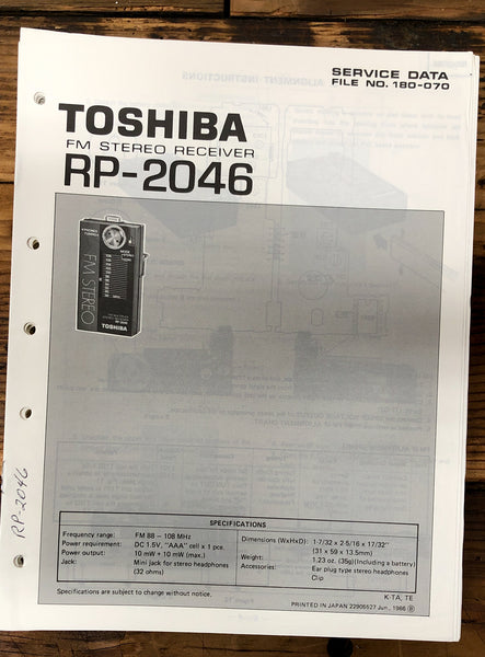 Toshiba RP-2046 Radio / Stereo  Service Manual *Original*