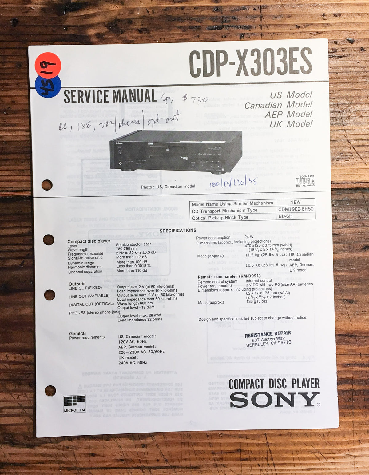 Sony CDP-303ES CD Player  Service Manual *Original*