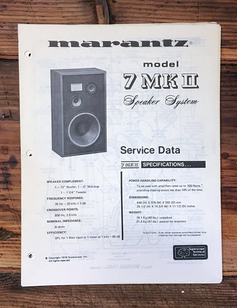 Marantz Model 7 MK2 Speaker  Service Sheet *Original*