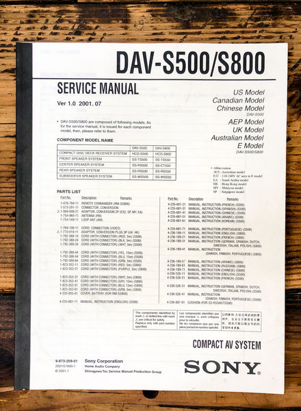 Sony DAV-S500 DAV-S800 AV System  Service Manual *Original*