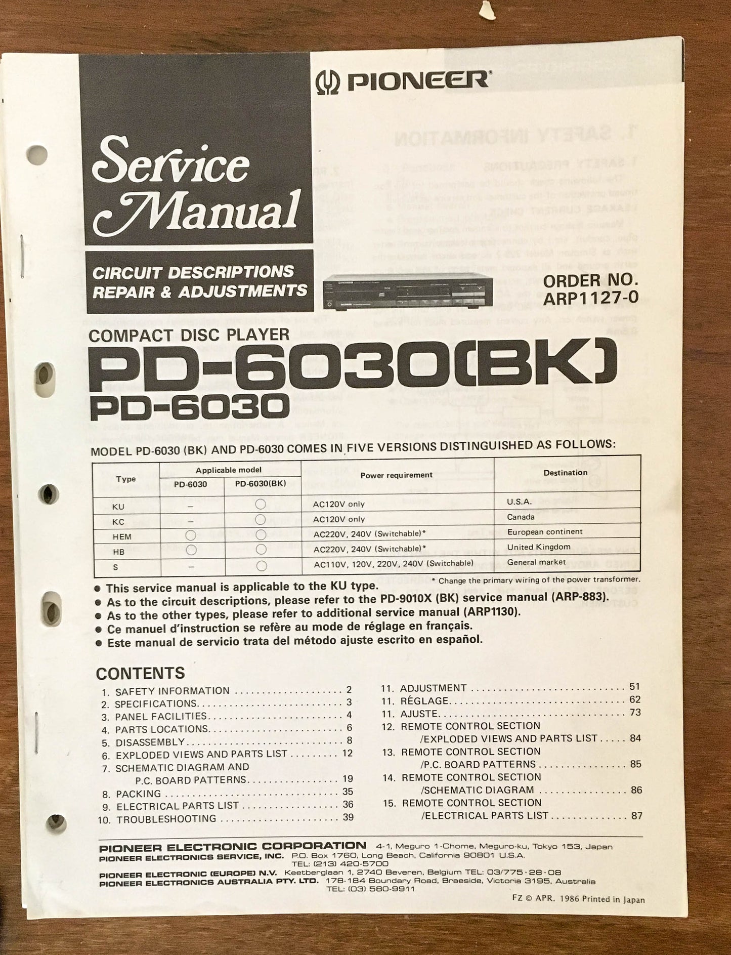 Pioneer PD-6030 CD Player Service Manual Notice *Original*