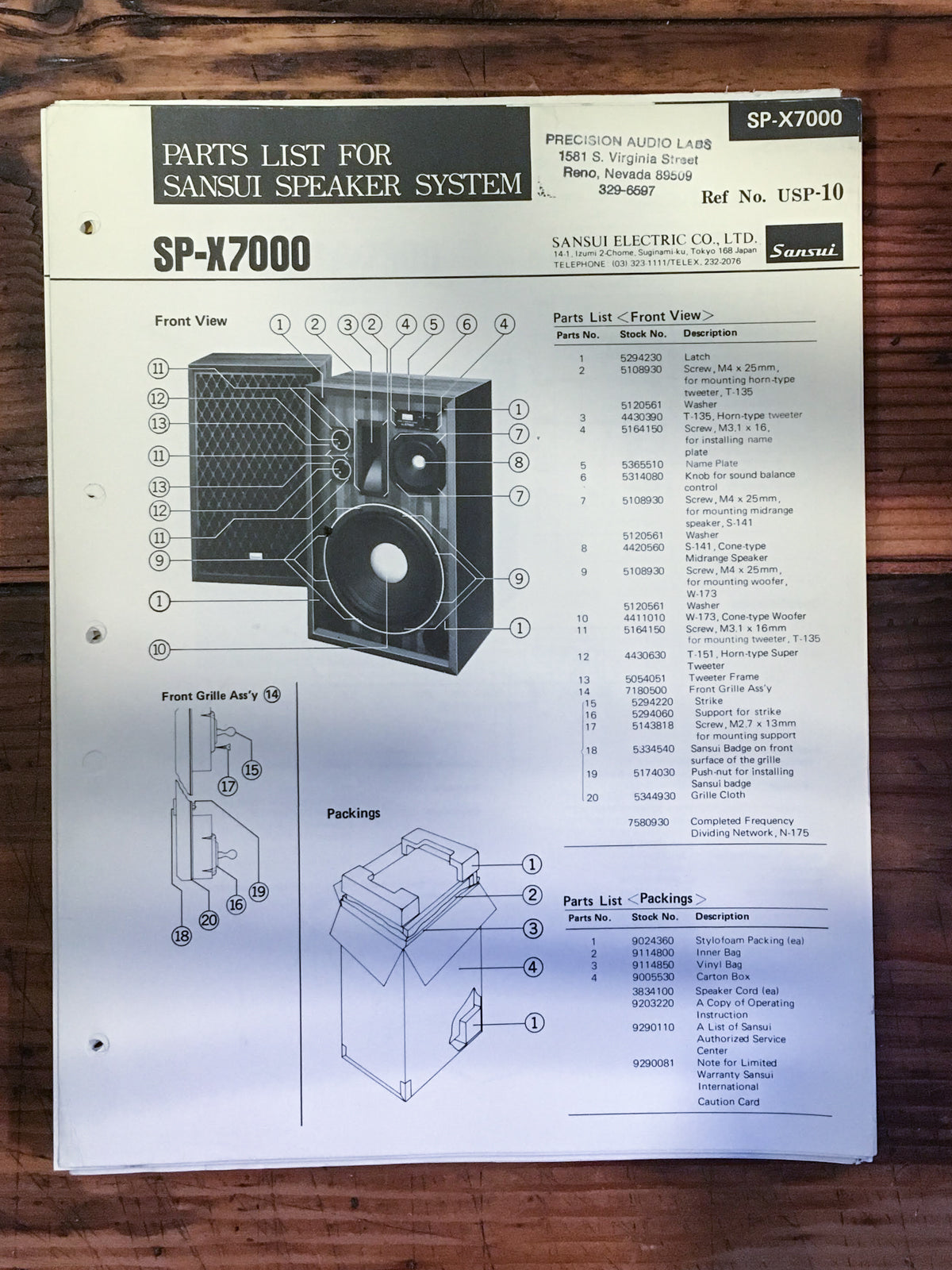 Sansui SP-X7000 Speaker Parts List Manual *Original*