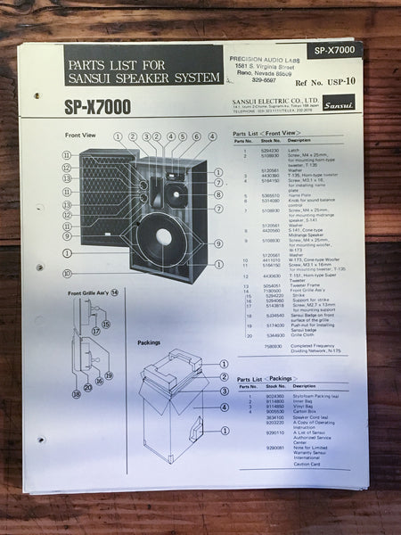 Sansui SP-X7000 Speaker Parts List Manual *Original*