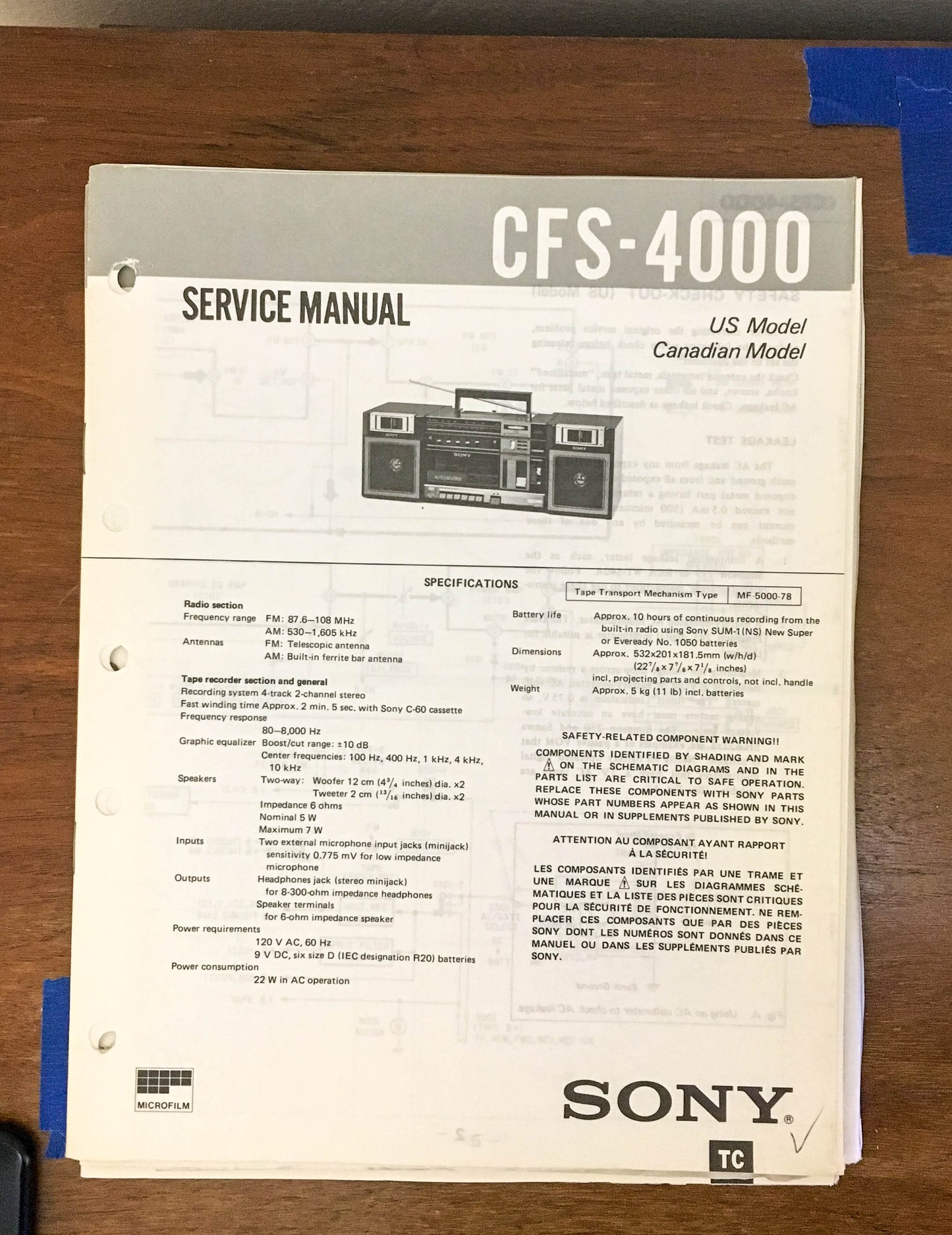 Sony CFS-4000 Radio Cassette Recorder / Boombox Service Manual *Original*